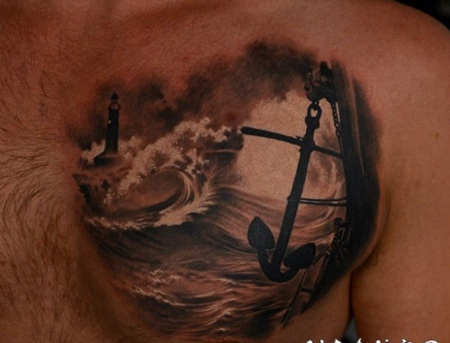 胸部船锚和逼真的海浪纹身图案