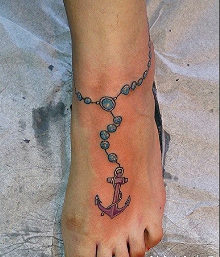 脚背蓝色与粉红色船锚纹身图案