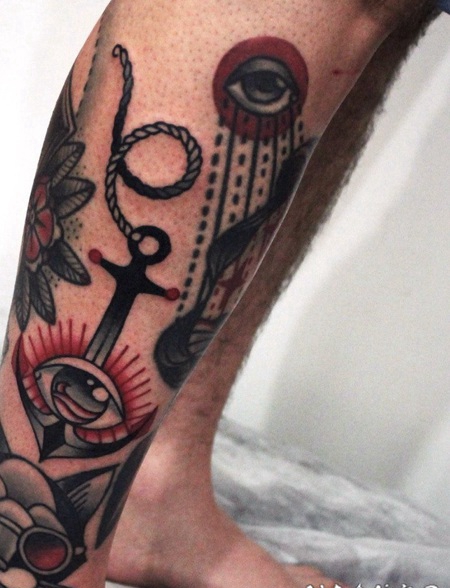 old school彩色眼睛船锚小腿纹身图案