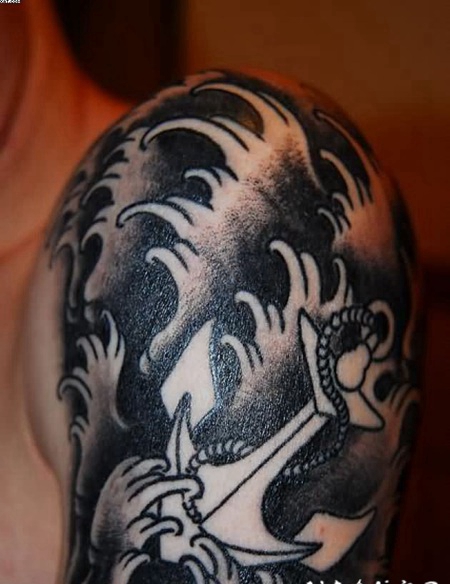 old school黑白风浪和船锚纹身图案