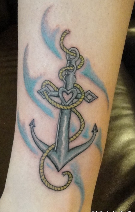 小腿彩色波浪和船锚纹身图案