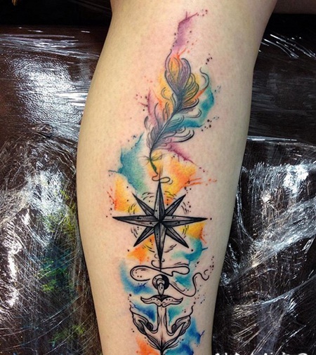 航海主题的五彩泼墨船锚小腿纹身图案