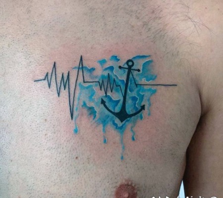 胸部简单的黑色心电图船锚与蓝色浪花纹身图案