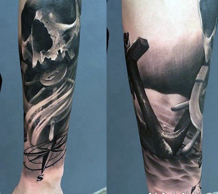 手臂航海主题黑色骷髅与船锚和船舵纹身图案