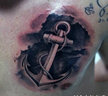 胸部黑白好看的船锚纹身图案