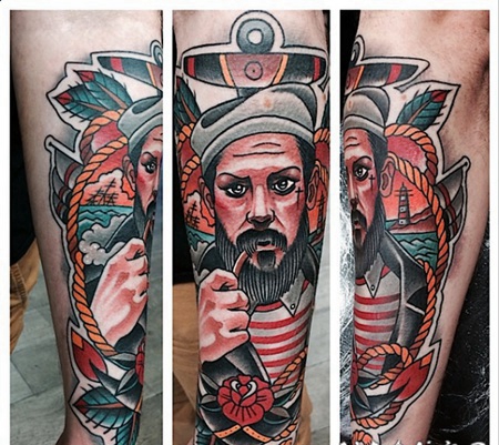 手臂新风格的彩色水手与船锚纹身图案