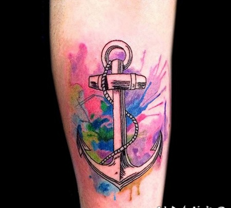 航海风格的彩色泼墨船锚纹身图案
