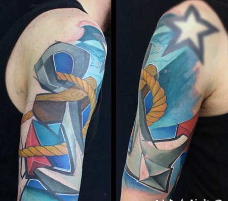 手臂现代传统风格的彩色船锚绳子纹身图案