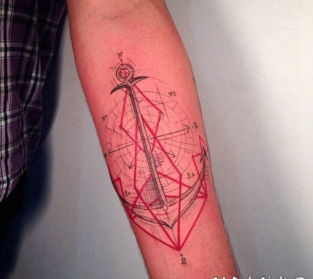 手臂彩色的科学风船锚纹身图案