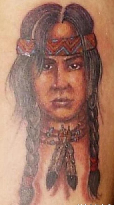北美土著女孩肖像纹身图案