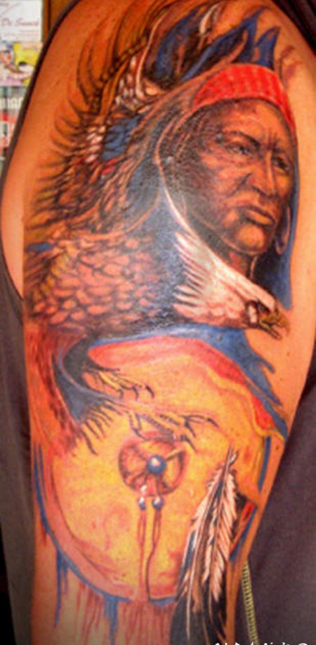彩色北美土著人肖像和鹰艺术品纹身图案