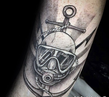 雕刻风格黑色船锚和潜水员面具纹身图案