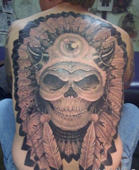 满背美国印第安羽毛冠骷髅纹身图案