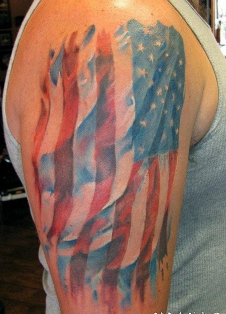 手臂水彩画风格美国国旗彩色纹身图案