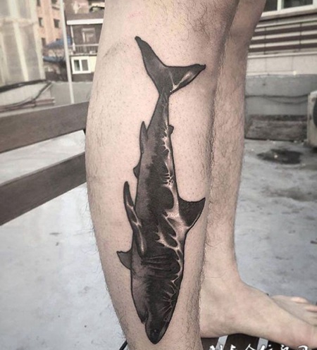 小腿上的鲨鱼纹身图案