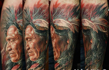 手臂美丽的写实北美土著肖像纹身图案
