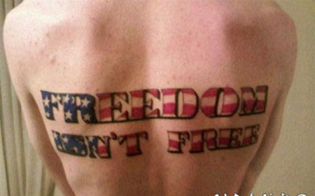背部美国国旗色的字母纹身图案