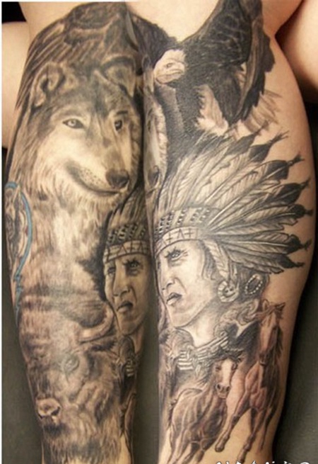 小腿美洲土著为主题的人物肖像和动物纹身图案