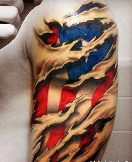 美国国旗下皮肤撕裂手臂纹身图案