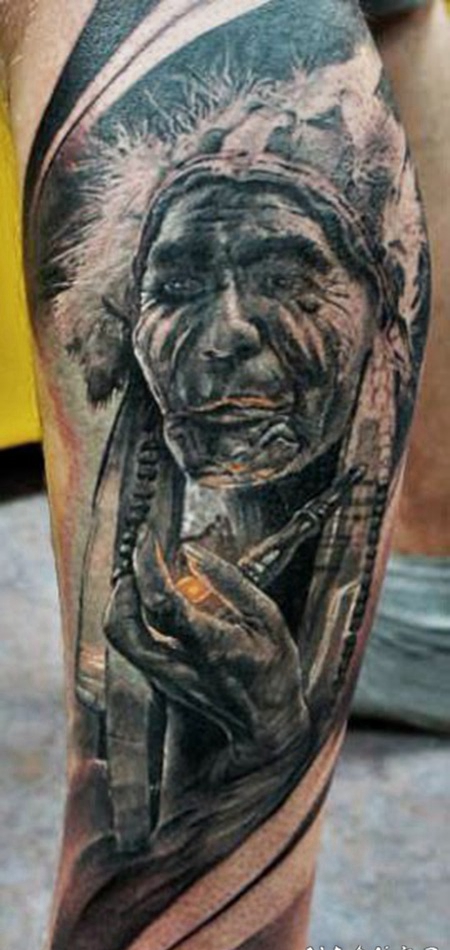 小腿美洲印第安人抽烟管肖像纹身图案