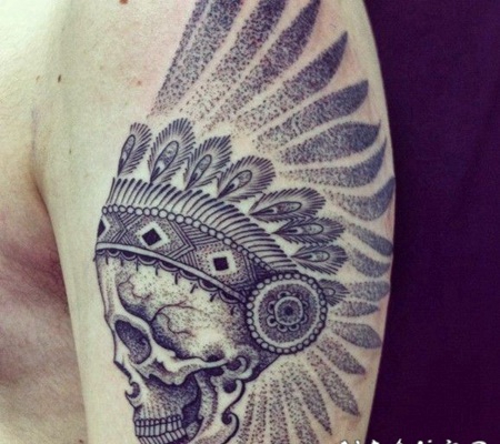 手臂黑色点刺原住民骷髅纹身图案