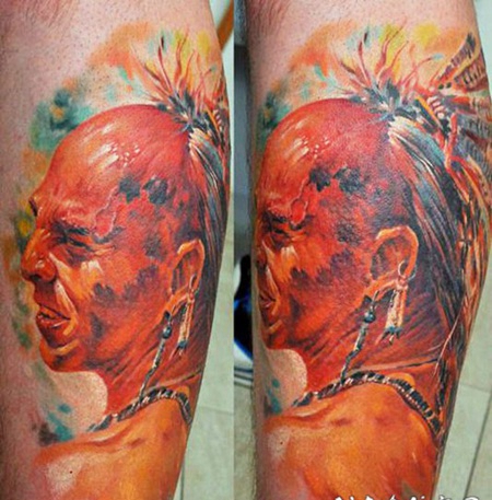 小腿色彩鲜艳的美洲土著武士肖像纹身图案