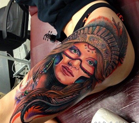 美丽的北美土著女孩肖像彩色大腿纹身图案