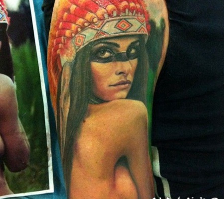 可爱性感的原住民女孩肖像手臂纹身图案