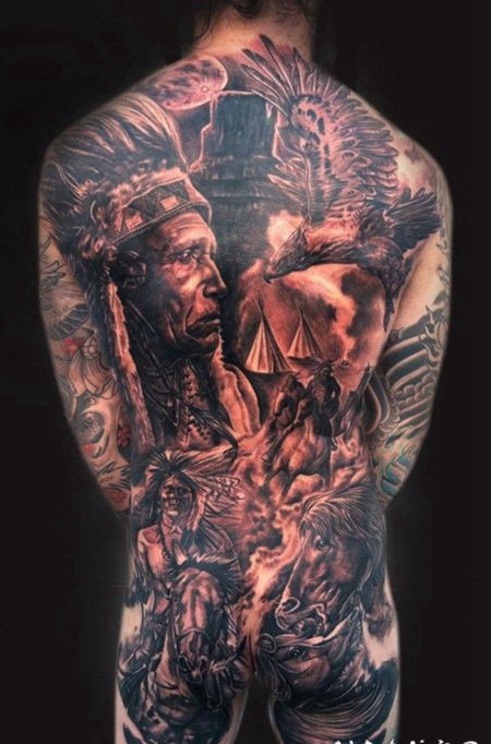 男性全身北美土著主题部落人像纹身图案