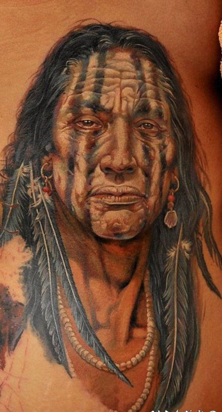 写实多彩的美洲土著肖像纹身图案