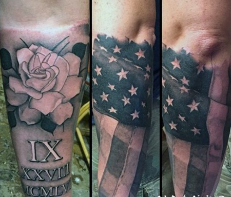 手臂黑白美国国旗和玫瑰字母纹身图案