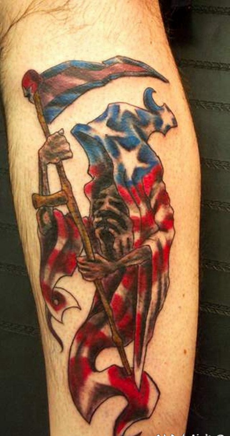 小腿彩色的美国国旗死神纹身图案