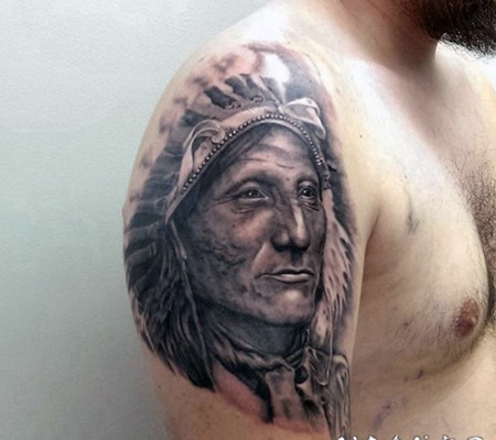 手臂美国土著黑白印度酋长肖像纹身图案