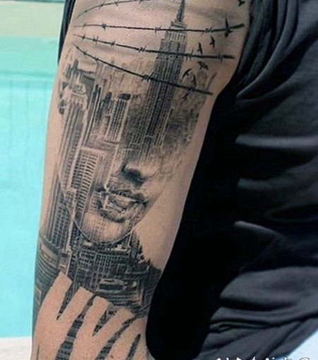 手臂女人肖像结合美国大城市纹身图案