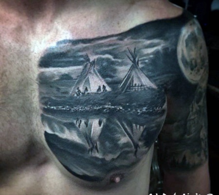 半甲印第安土著黑白家庭写实纹身图案