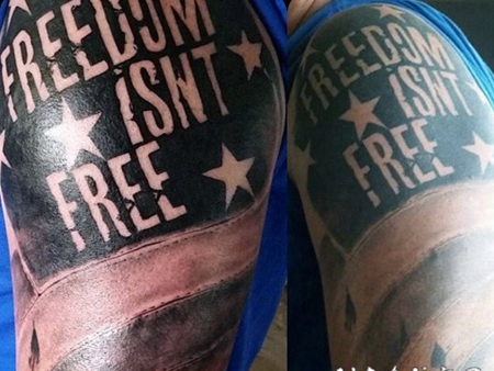 手臂黑白美式军事旗帜字母纹身图案