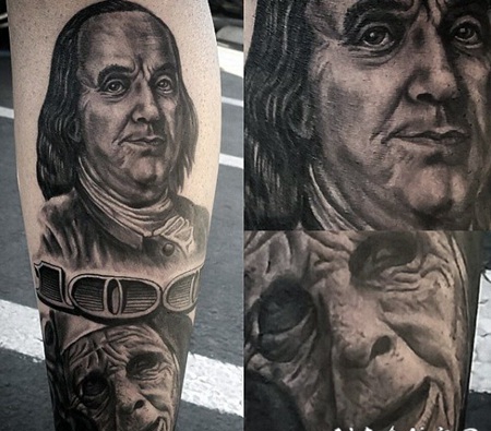 小腿有趣的黑白美元法案肖像和怪物脸纹身图案