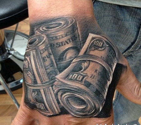 手背难以置信的美国钱币纹身图案
