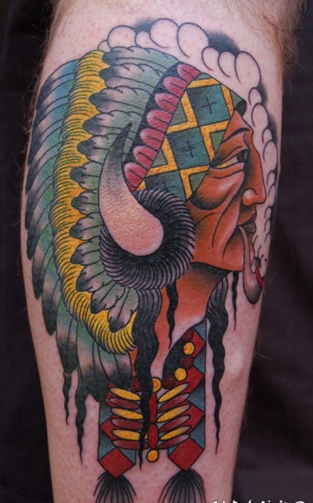 美式传统的吸烟印度酋长五彩肖像纹身图案