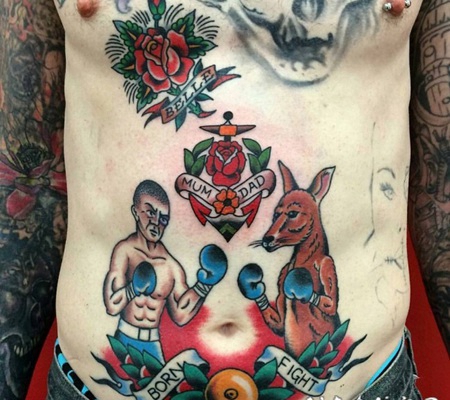 腹部传统风格的彩色袋鼠和拳击手纹身图案