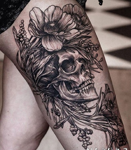 重获新生，手臂骷髅与鲜花纹身