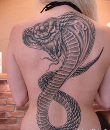 背部惊人的巨型眼镜蛇纹身图案