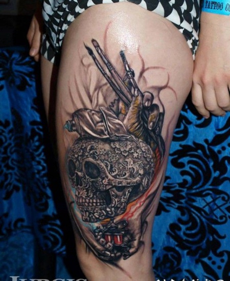 大腿非常酷的创意骷髅纹身图案