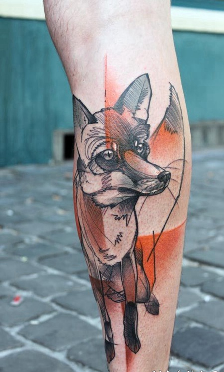 神奇的红色狐狸个性腿部纹身图案