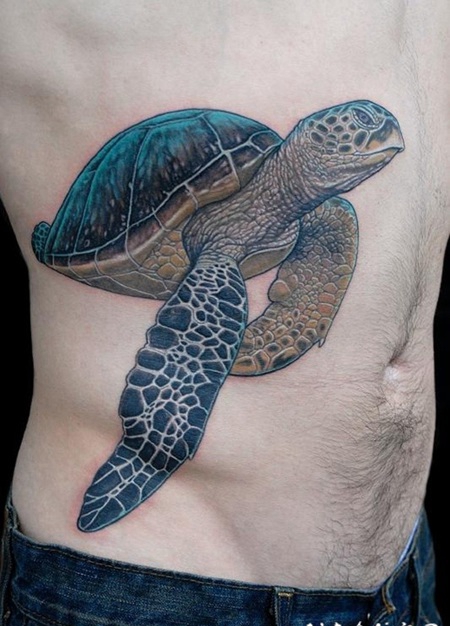 侧肋彩色逼真的乌龟纹身图案