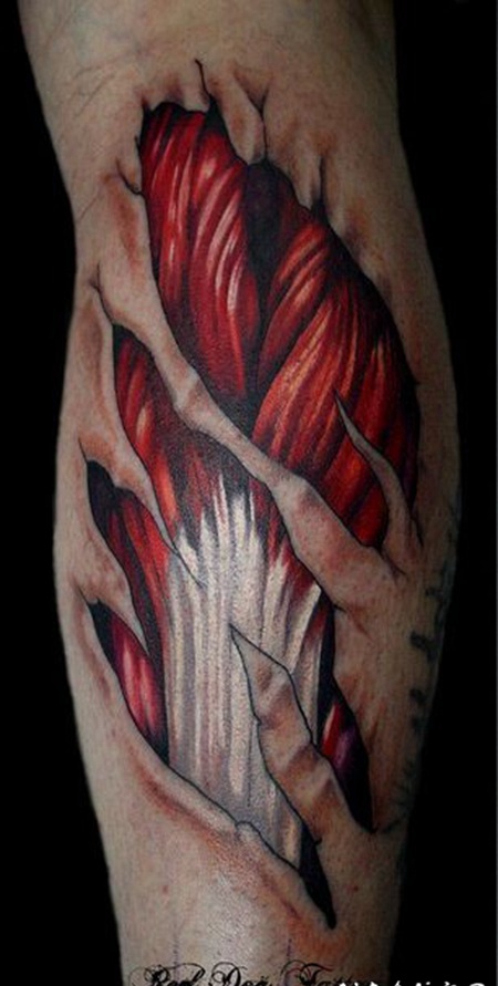 小腿撕皮肌肉彩色纹身图案