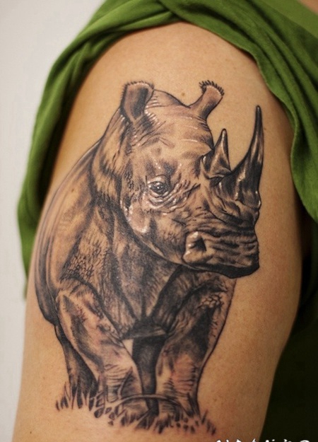 手臂犀牛站在草地上纹身图案