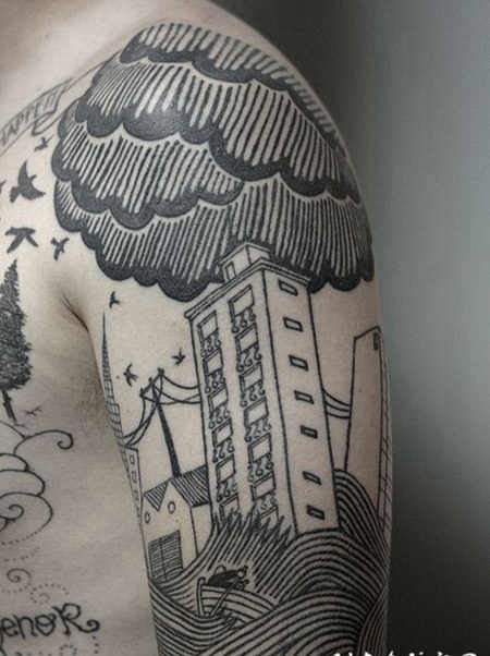 手臂黑色线条房子和洪水纹身图案