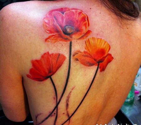 背部橙色的罂粟花写实纹身图案