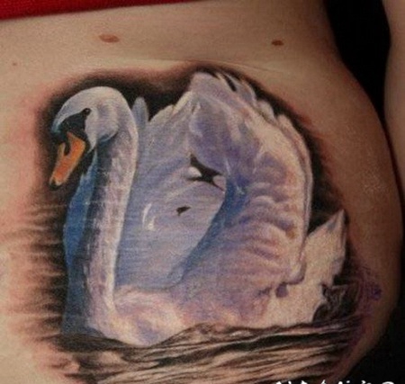 写实的彩色白天鹅和湖水纹身图案